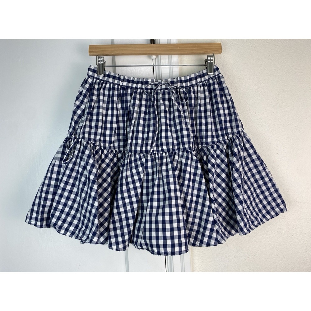 J. Crew Women's XS Blue White Check Tiered Cotton A-Line Mini Skirt